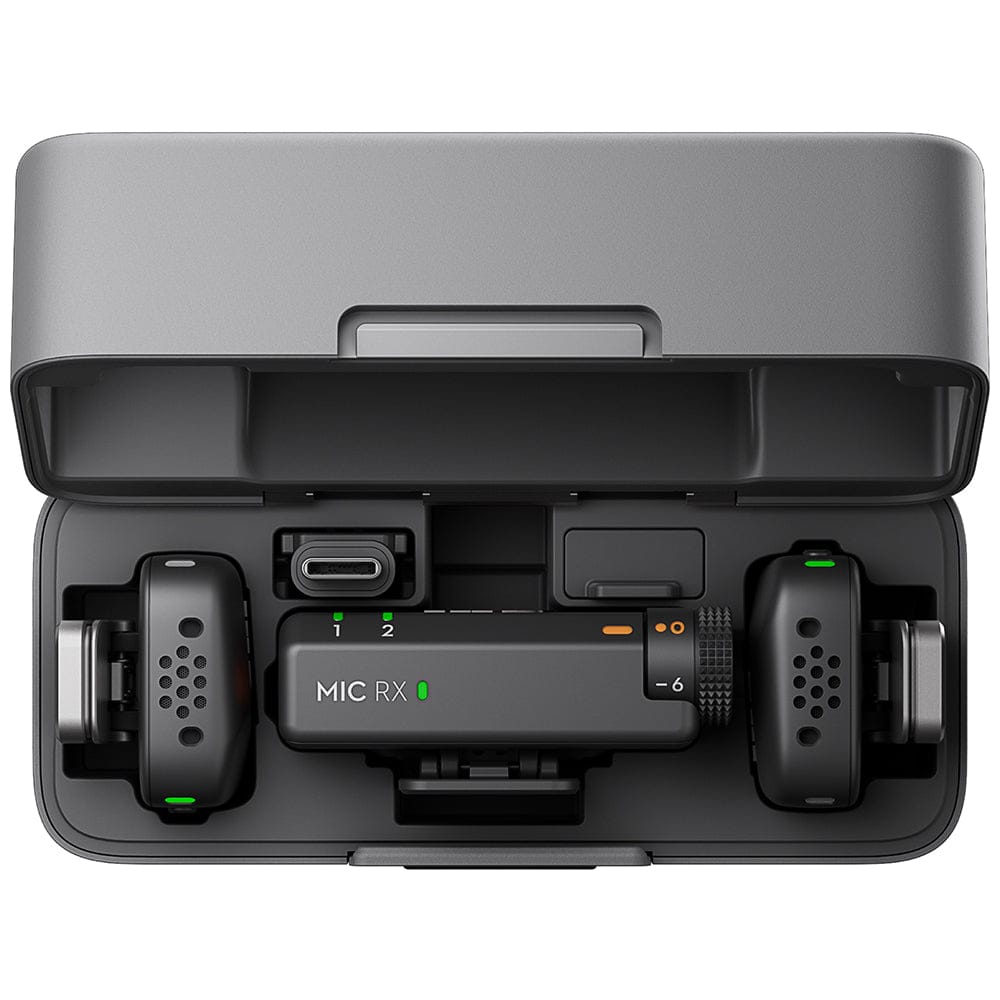 DJI Mic Mini wireless microphone system with 2 transmitters, 1 receiver, and charging case, featuring a compact lightweight design, high-quality audio recording, intelligent noise reduction, long battery life, and reliable wireless connectivity for vlogging, interviews, livestreaming, filmmaking, and content creation.