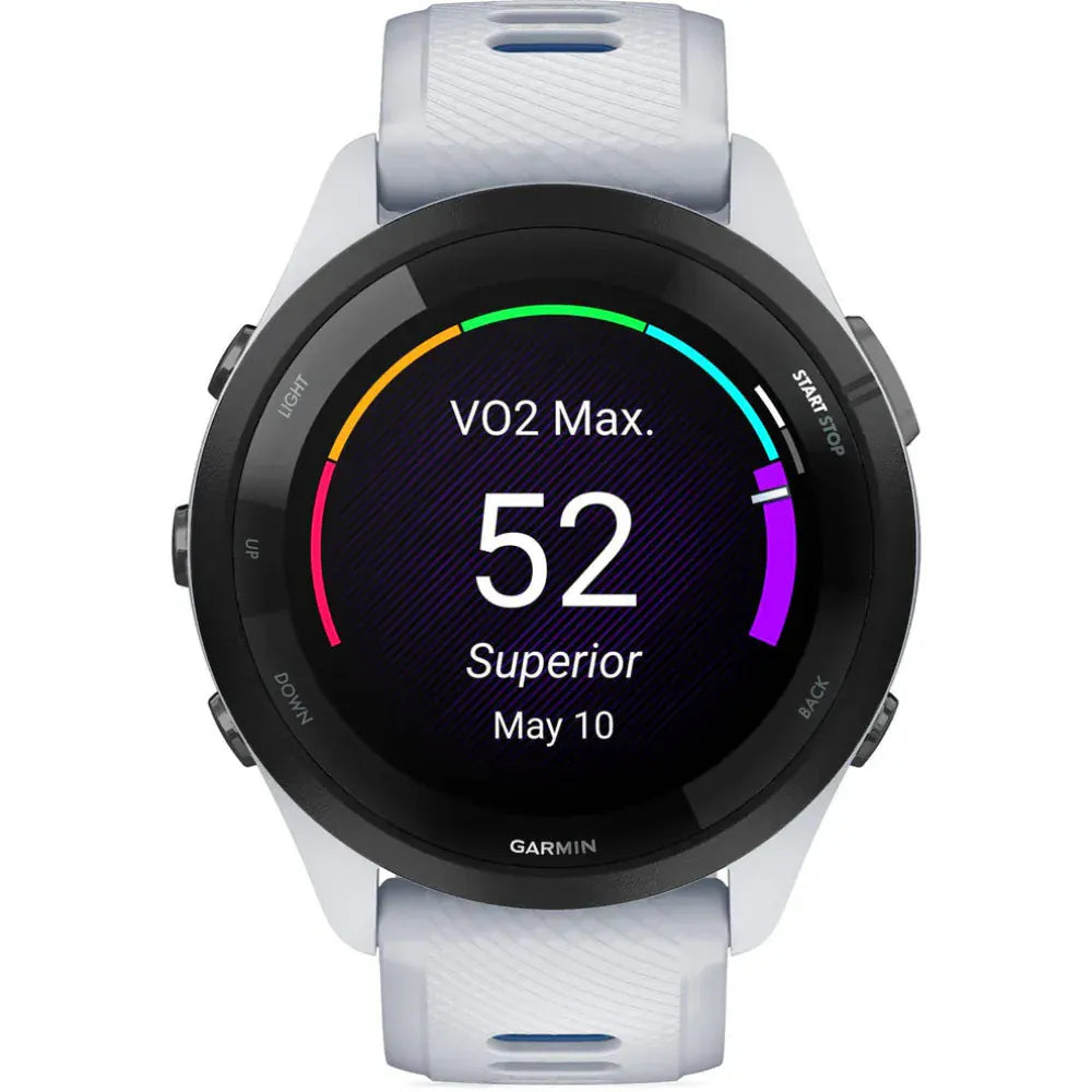 Garmin Forerunner 265 GPS Running Smartwatch featuring a vibrant AMOLED display, built-in GPS, advanced training metrics, heart rate tracking, and a lightweight design for runners and athletes.