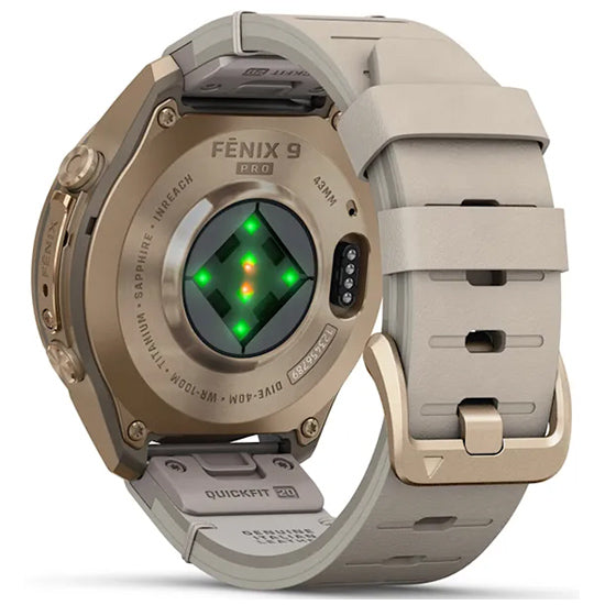 Garmin Fenix 9 Pro 43mm inReach LTE AMOLED Sapphire, Autumn Gold Titanium with Bone Leather Band Back Side