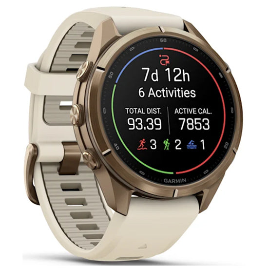 Garmin Fenix 9 Pro 43mm inReach LTE AMOLED Sapphire, Autumn Gold Titanium with Cream/French Grey Silicone Band Front Side