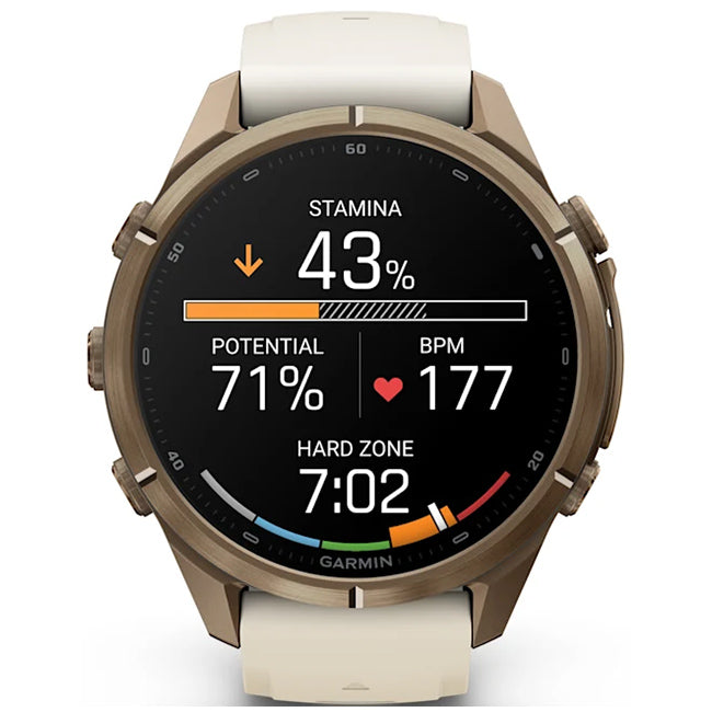 Garmin Fenix 9 Pro 43mm inReach LTE AMOLED Sapphire, Autumn Gold Titanium with Cream/French Grey Silicone Band Front