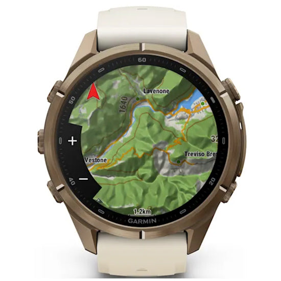 Garmin Fenix 9 Pro 43mm inReach LTE AMOLED Sapphire, Autumn Gold Titanium with Cream/French Grey Silicone Band Front