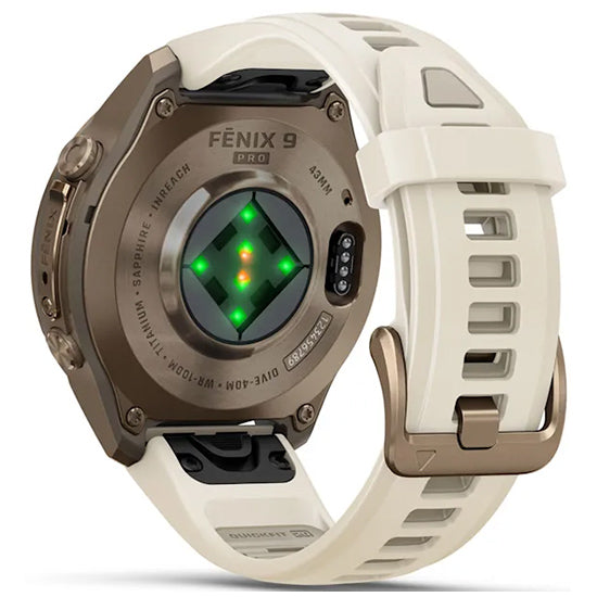 Garmin Fenix 9 Pro 43mm inReach LTE AMOLED Sapphire, Autumn Gold Titanium with Cream/French Grey Silicone Band Back Side