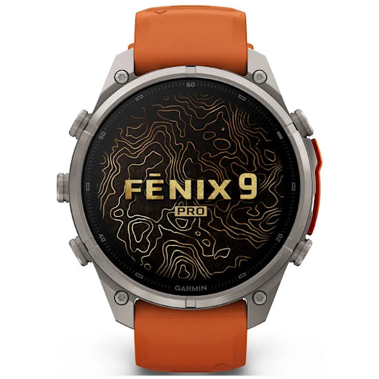 Garmin Fenix 9 Pro 47mm inReach LTE AMOLED Sapphire, Titanium with Autumn Orange/Spark Orange Silicone Band Front
