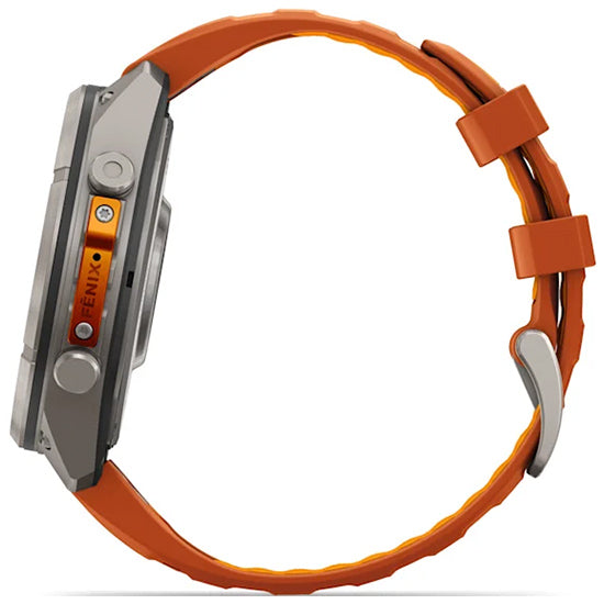 Garmin Fenix 9 Pro 47mm inReach LTE AMOLED Sapphire, Titanium with Autumn Orange/Spark Orange Silicone Band Side