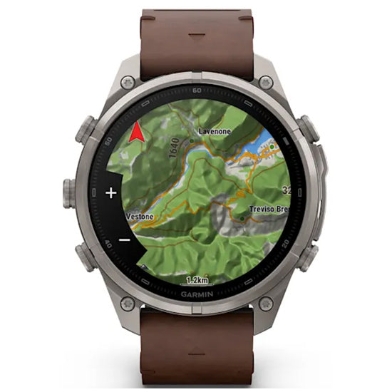 Garmin Fenix 9 Pro 47mm inReach LTE AMOLED Sapphire, Titanium with Walnut Leather Band Front