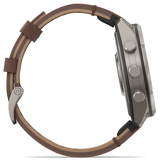 Garmin Fenix 9 Pro 47mm inReach LTE AMOLED Sapphire, Titanium with Walnut Leather Band Side