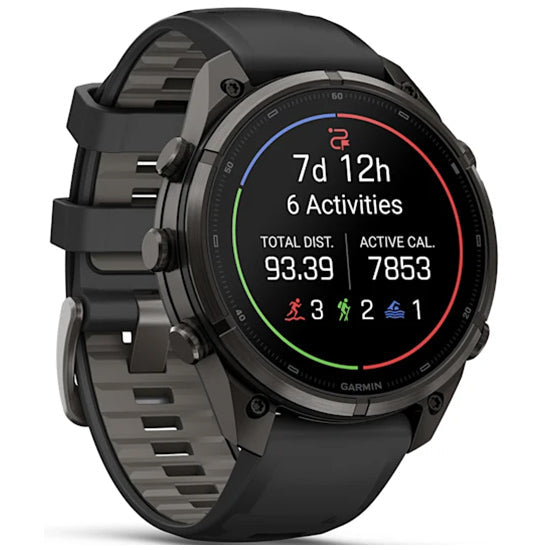 Garmin Fenix 9 Pro 51mm inReach LTE AMOLED Sapphire, Carbon Grey DLC Titanium with Black/Pebble Grey Silicone Band Front Side