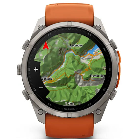 Garmin Fenix 9 Pro 51mm inReach LTE AMOLED Sapphire, Titanium with Autumn Orange/Spark Orange Silicone Band Front