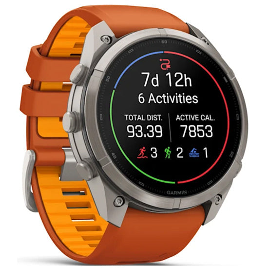 Garmin Fenix 9 Pro 51mm inReach LTE AMOLED Sapphire, Titanium with Autumn Orange/Spark Orange Silicone Band Front Side