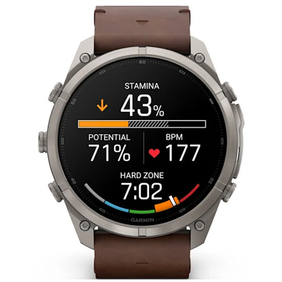 Garmin Fenix 9 Pro 51mm inReach LTE AMOLED Sapphire, Titanium with Walnut Leather Band Front