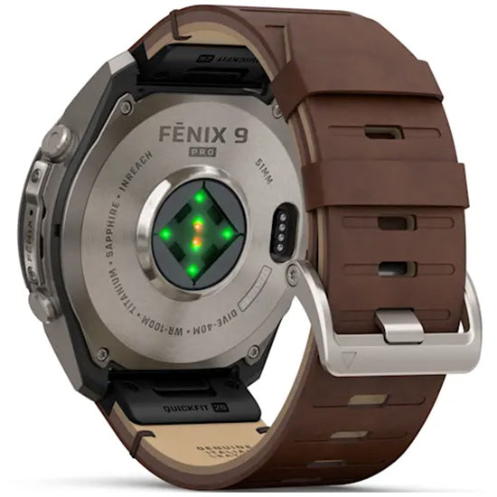 Garmin Fenix 9 Pro 51mm inReach LTE AMOLED Sapphire, Titanium with Walnut Leather Band Back Side