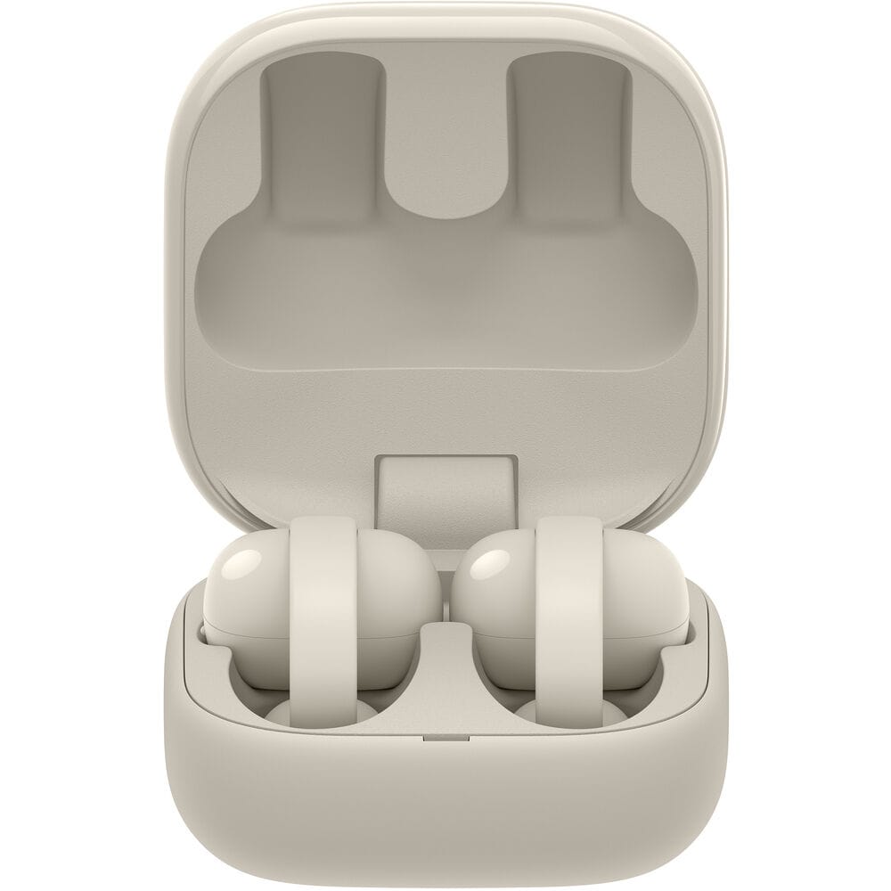 Sony LinkBuds WF-LC900 Clip Open-Ear Wireless Earbuds featuring an innovative open-ring design, lightweight ergonomic fit, crystal-clear audio, Bluetooth connectivity, hands-free calling, long battery life, and a compact charging case for comfortable all-day listening and environmental awareness.