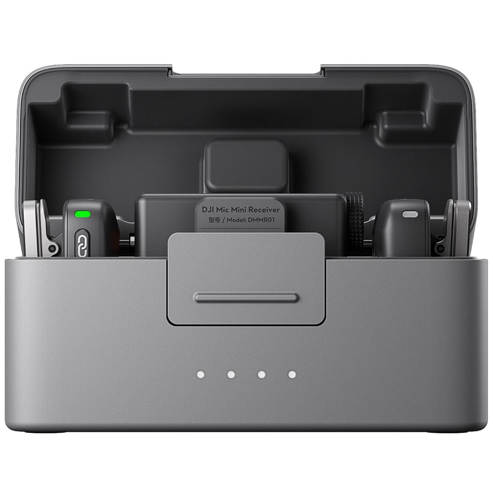 DJI Mic Mini wireless microphone system with 2 transmitters, 1 receiver, and charging case, featuring a compact lightweight design, high-quality audio recording, intelligent noise reduction, long battery life, and reliable wireless connectivity for vlogging, interviews, livestreaming, filmmaking, and content creation.