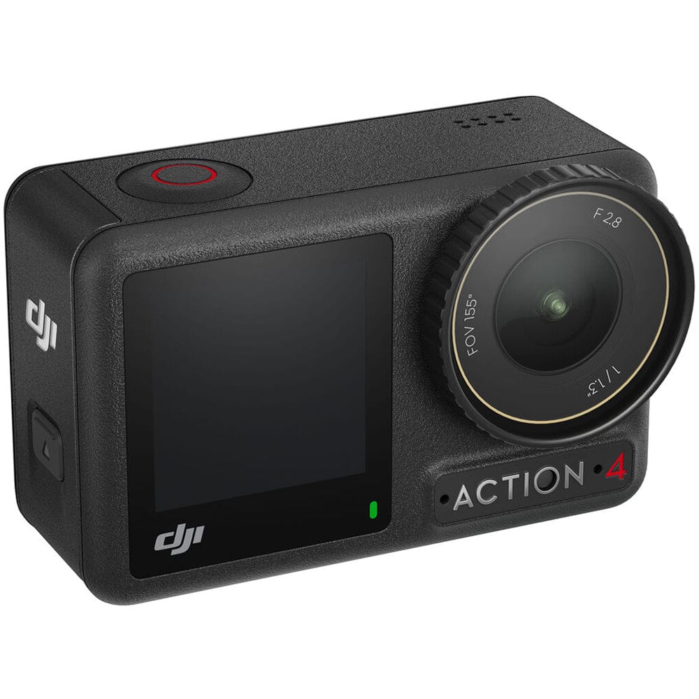 DJI Osmo Action 4 Adventure Combo action camera featuring a rugged waterproof design, ultra-wide lens, dual touchscreen displays, advanced RockSteady stabilization, 4K video recording, and included adventure accessories for travel, outdoor sports, vlogging, and action photography.