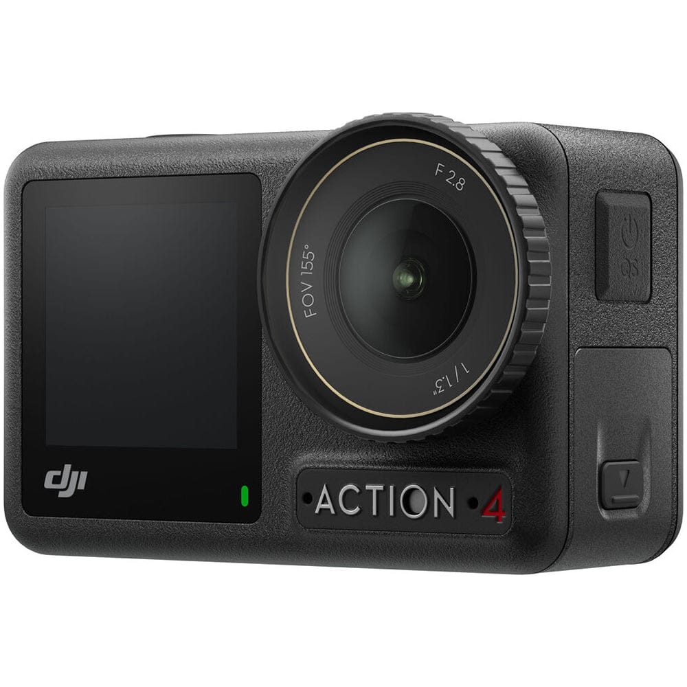 DJI Osmo Action 4 Adventure Combo action camera featuring a rugged waterproof design, ultra-wide lens, dual touchscreen displays, advanced RockSteady stabilization, 4K video recording, and included adventure accessories for travel, outdoor sports, vlogging, and action photography.
