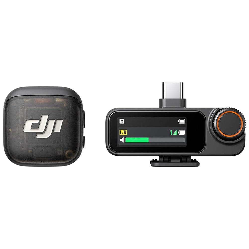 DJI Mic 3 wireless microphone system with 1 transmitter and 1 receiver, featuring crystal-clear audio recording, intelligent noise cancellation, long battery life, and a compact portable design for vlogging, interviews, livestreaming, mobile filmmaking, and professional content creation.