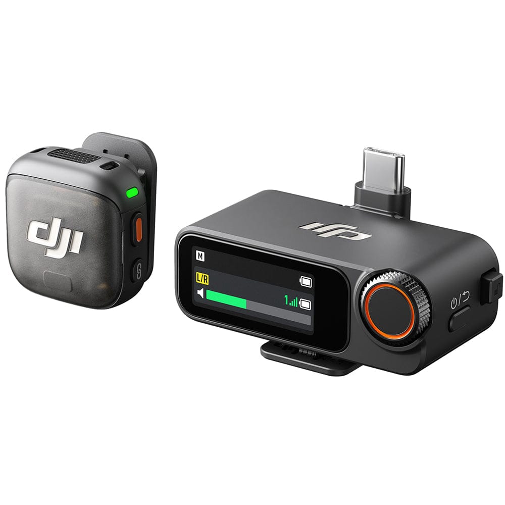 DJI Mic 3 wireless microphone system with 1 transmitter and 1 receiver, featuring crystal-clear audio recording, intelligent noise cancellation, long battery life, and a compact portable design for vlogging, interviews, livestreaming, mobile filmmaking, and professional content creation.