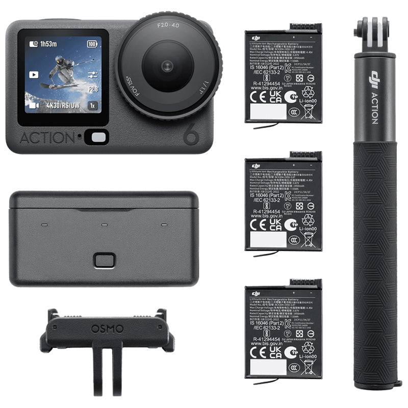 The DJI Osmo Action 6 Adventure Combo features a rugged, compact action camera with a wide-angle lens, dual touchscreens, and a durable waterproof design built for outdoor adventures. The Adventure Combo includes essential accessories such as extra batteries, a multifunctional battery case, mounting hardware, and connectivity accessories for extended shooting sessions. Designed for action sports, travel, vlogging, and content creation, the camera delivers high-resolution video recording