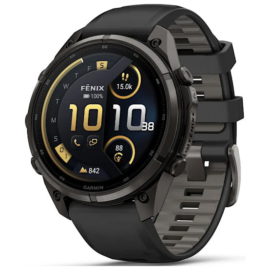 Garmin Fenix 9 Pro 51mm inReach LTE AMOLED Sapphire, Carbon Grey DLC Titanium with Black/Pebble Grey Silicone Band Front Side