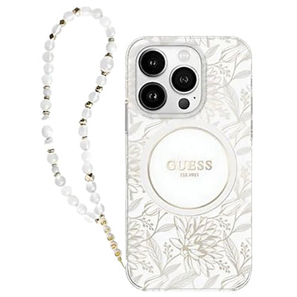 Guess Flowers with Bead Strap MagSafe for iPhone 16 Pro Max White