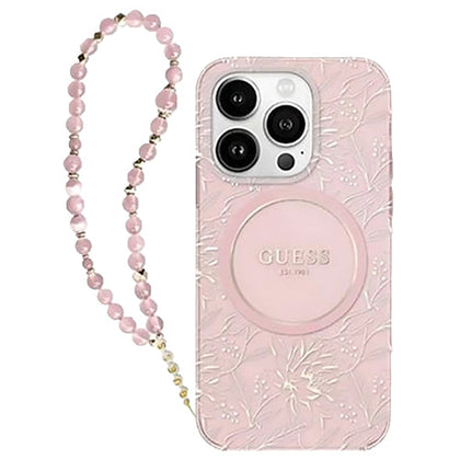 Guess Flowers with Bead Strap MagSafe for iPhone 16 Pro Max Pink