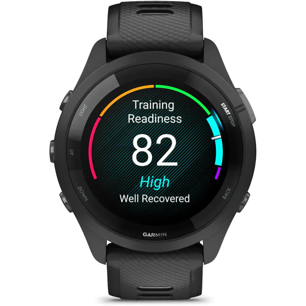 Garmin Forerunner 265 GPS Running Smartwatch featuring a vibrant AMOLED display, built-in GPS, advanced training metrics, heart rate tracking, and a lightweight design for runners and athletes.