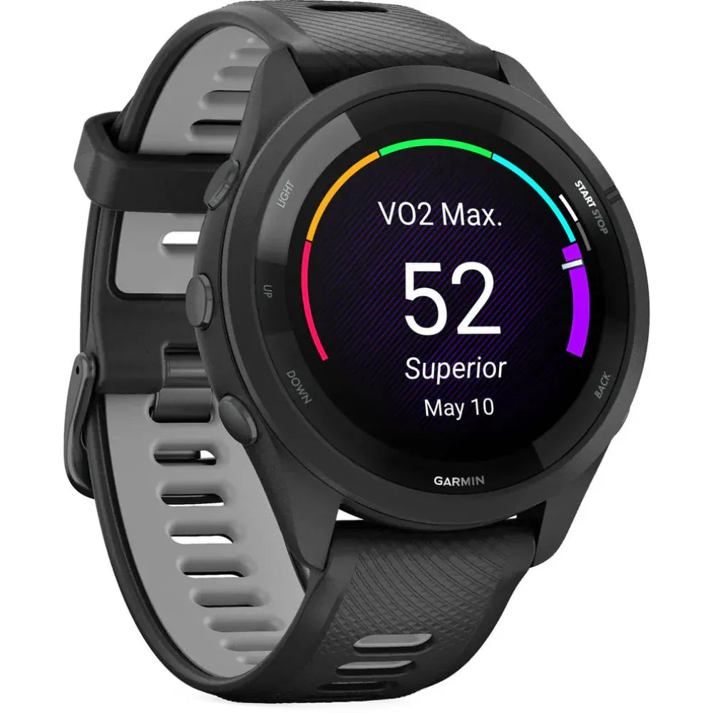 Garmin Forerunner 265 GPS Running Smartwatch featuring a vibrant AMOLED display, built-in GPS, advanced training metrics, heart rate tracking, and a lightweight design for runners and athletes.