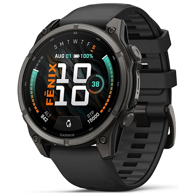 Garmin Fenix 9 47mm AMOLED Sapphire, Carbon Grey DLC Titanium with Black Silicone Band Front Side