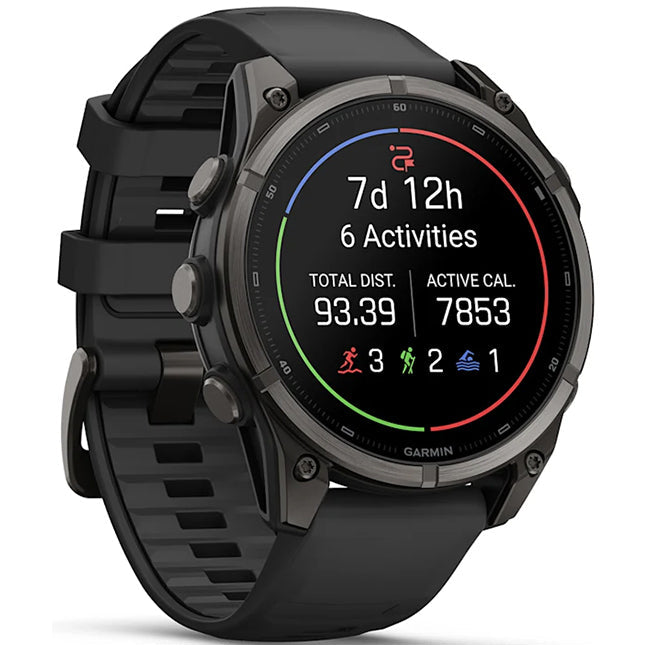 Garmin Fenix 9 47mm AMOLED Sapphire, Carbon Grey DLC Titanium with Black Silicone Band Front Side