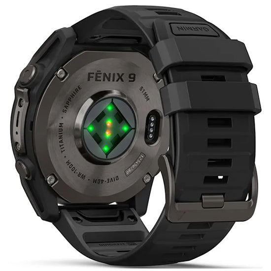 Garmin Fenix 9 51mm AMOLED Sapphire, Carbon Grey DLC Titanium with Black Silicone Band Back Side
