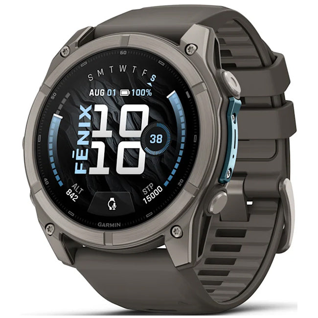 Garmin Fenix 9 51mm AMOLED Sapphire, Titanium with Pebble Grey Silicone Band Front Side