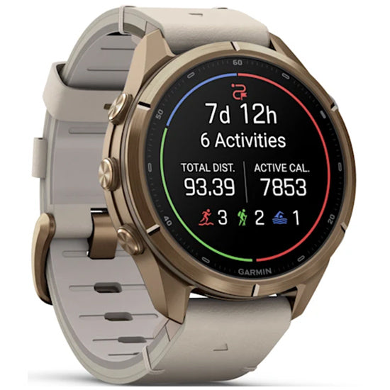 Garmin Fenix 9 Pro 43mm inReach LTE AMOLED Sapphire, Autumn Gold Titanium with Bone Leather Band Front Side