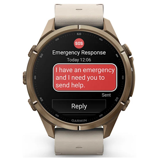 Garmin Fenix 9 Pro 43mm inReach LTE AMOLED Sapphire, Autumn Gold Titanium with Bone Leather Band Front