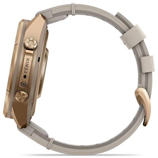 Garmin Fenix 9 Pro 43mm inReach LTE AMOLED Sapphire, Autumn Gold Titanium with Bone Leather Band Side