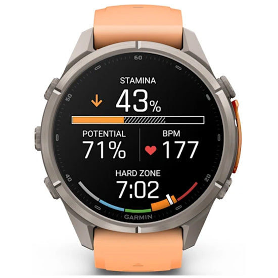 Garmin Fenix 9 Pro 43mm inReach LTE AMOLED Sapphire, Titanium with Shell Pink/Autumn Orange Silicone Band Front