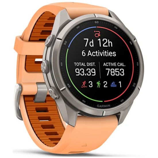 Garmin Fenix 9 Pro 43mm inReach LTE AMOLED Sapphire, Titanium with Shell Pink/Autumn Orange Silicone Band Front