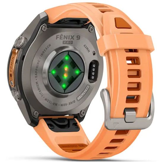 Garmin Fenix 9 Pro 43mm inReach LTE AMOLED Sapphire, Titanium with Shell Pink/Autumn Orange Silicone Band Back Side