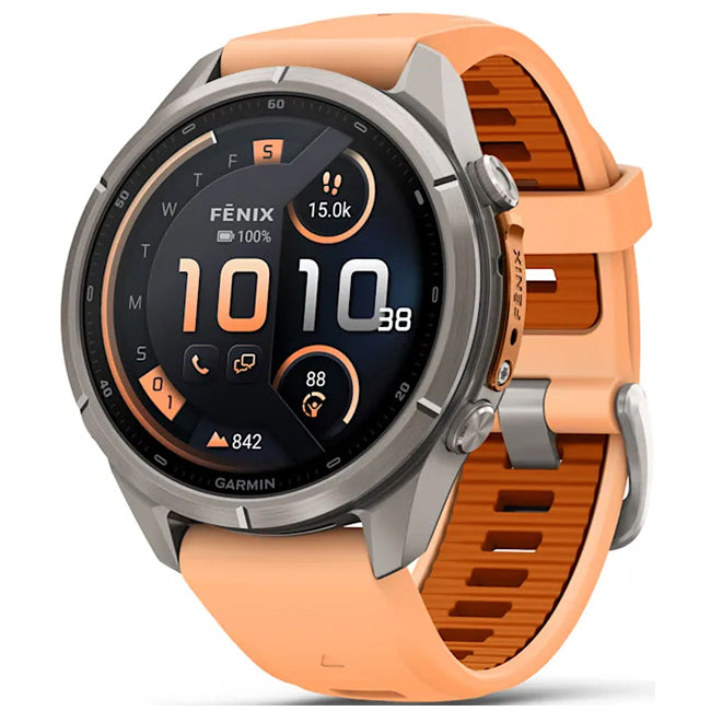 Garmin Fenix 9 Pro 43mm inReach LTE AMOLED Sapphire, Titanium with Shell Pink/Autumn Orange Silicone Band Front Side