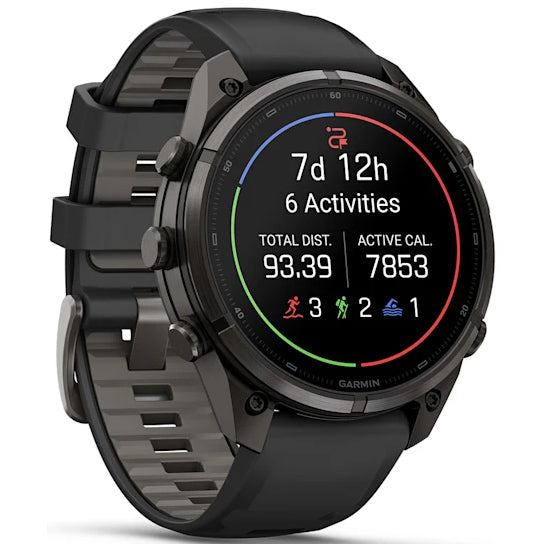 Garmin Fenix 9 Pro 47mm AMOLED Sapphire, Carbon Grey DLC Titanium with Black/Pebble Grey Silicone Band Front Side