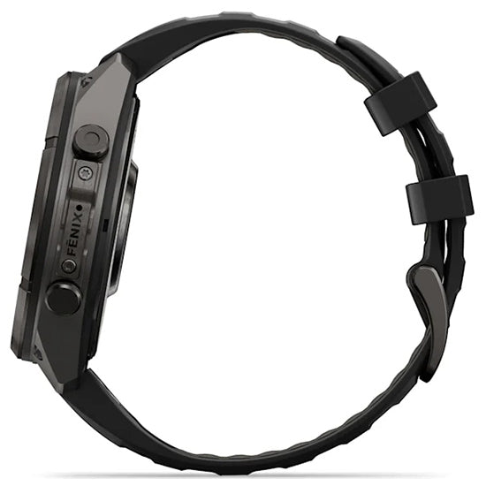 Garmin Fenix 9 Pro 47mm AMOLED Sapphire, Carbon Grey DLC Titanium with Black/Pebble Grey Silicone Band Side