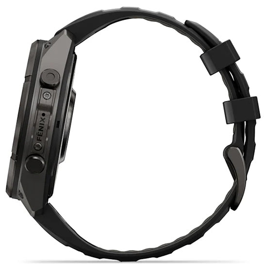 Garmin Fenix 9 Pro 47mm inReach LTE AMOLED Sapphire, Carbon Gray DLC Titanium with Black/Pebble Grey Silicone Band Side