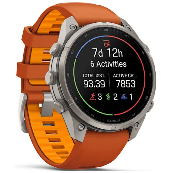 Garmin Fenix 9 Pro 47mm inReach LTE AMOLED Sapphire, Titanium with Autumn Orange/Spark Orange Silicone Band Front Side