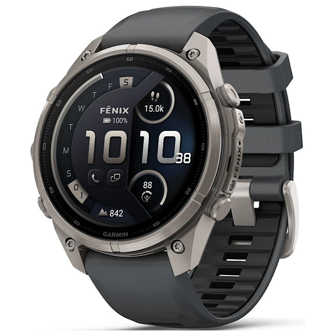 Garmin Fenix 9 Pro 47mm inReach LTE AMOLED Sapphire, Titanium with Graphite/Black Silicone Band Front Side