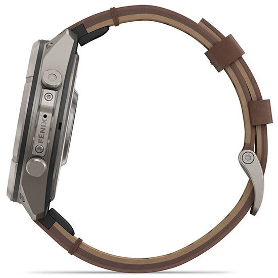 Garmin Fenix 9 Pro 47mm inReach LTE AMOLED Sapphire, Titanium with Walnut Leather Band Side