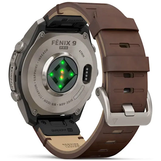 Garmin Fenix 9 Pro 47mm inReach LTE AMOLED Sapphire, Titanium with Walnut Leather Band Back Side