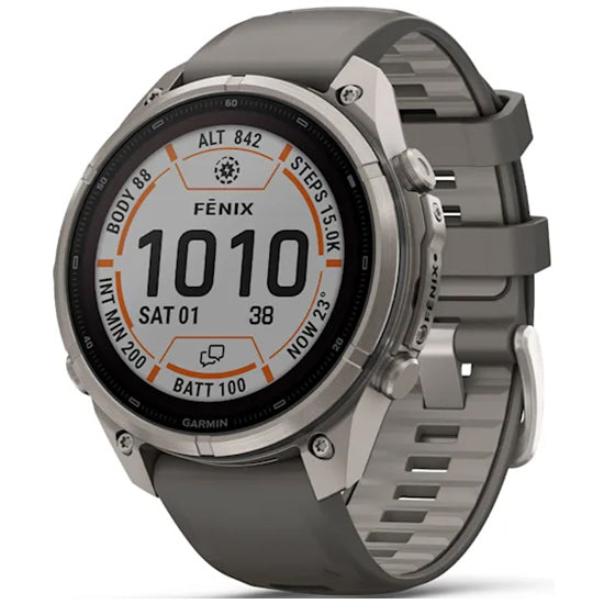 Garmin Fenix 9 Pro 47mm inReach LTE Solar Sapphire, Titanium with Pebble Grey Silicone Band Front Side
