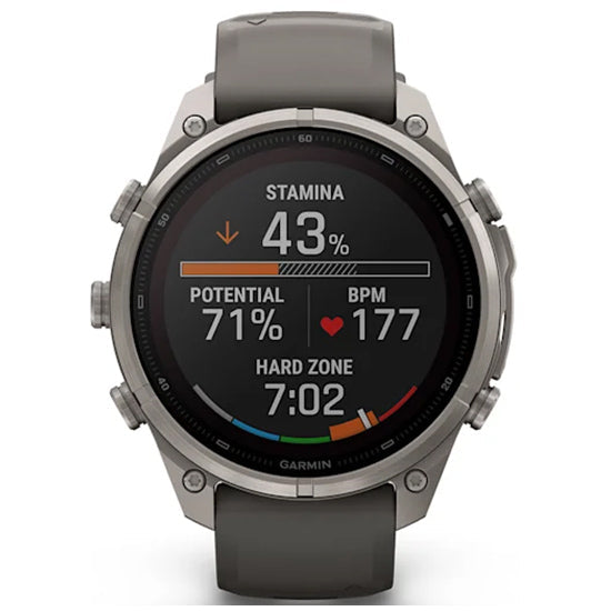 Garmin Fenix 9 Pro 47mm inReach LTE Solar Sapphire, Titanium with Pebble Grey Silicone Band Front