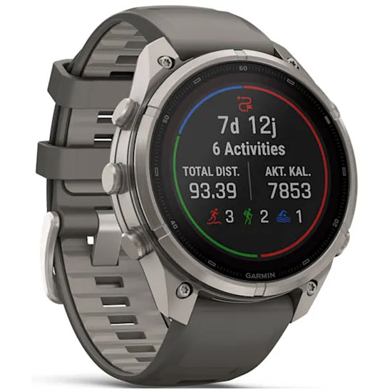 Garmin Fenix 9 Pro 47mm inReach LTE Solar Sapphire, Titanium with Pebble Grey Silicone Band Front Side