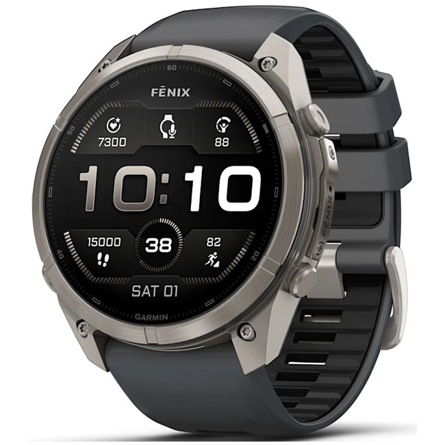 Garmin Fenix 9 Pro 51mm AMOLED Sapphire, Titanium with Graphite/Black Silicone Band Front Side